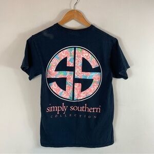 Simply Southern Size Small Navy Blue Short Sleeve Pink Floral Branding